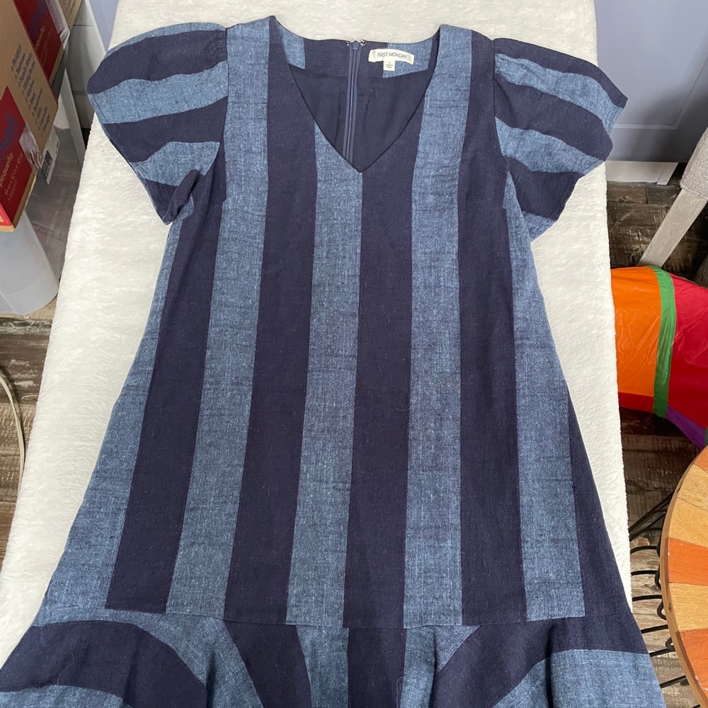 First Monday Blue and light blue stripped V-Neck Dress size S